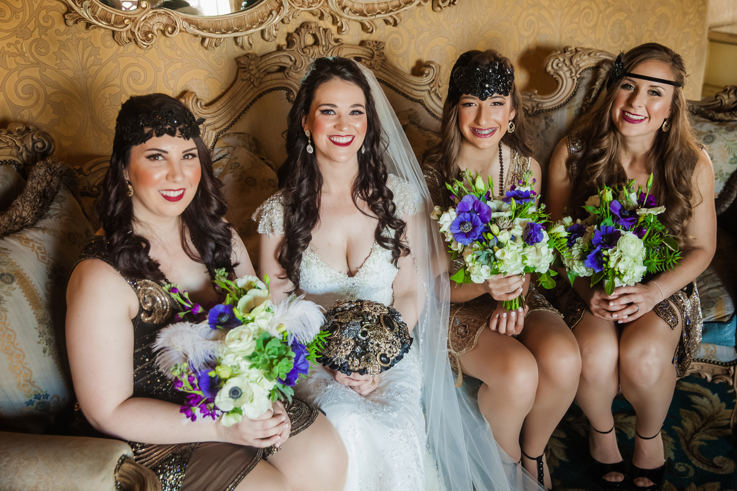A bride and her friends pose at the madonna inn.